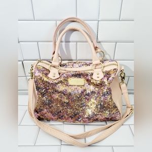 BETSEY JOHNSON Pink Faux Leather Fairy Dust Sequin Satchel Purse with Shoulder S